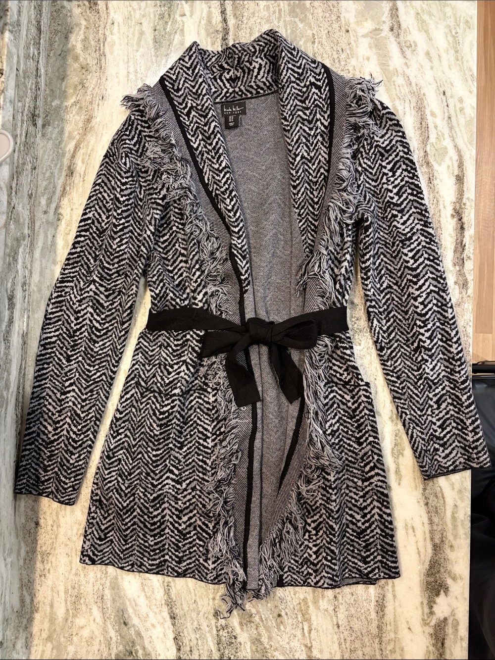 Nicole Miller New York Black and Grey Fringe Chevron Cardigan Size XL